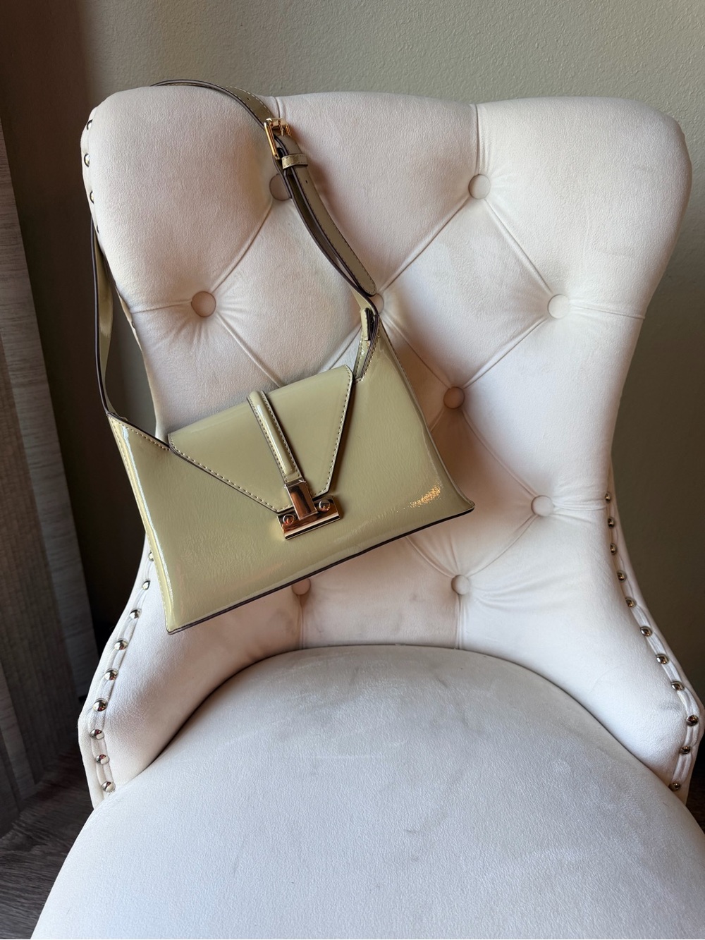 Melie Bianco Sage Cream Patent Mini Shoulder Bag Gold Hardware Y2K Quiet Luxury